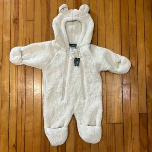 NWT L.L.Bean Hi-Pile Fleece Baby Bunting 0-3M Teddy Bear Snowsuit, Natural/Cream